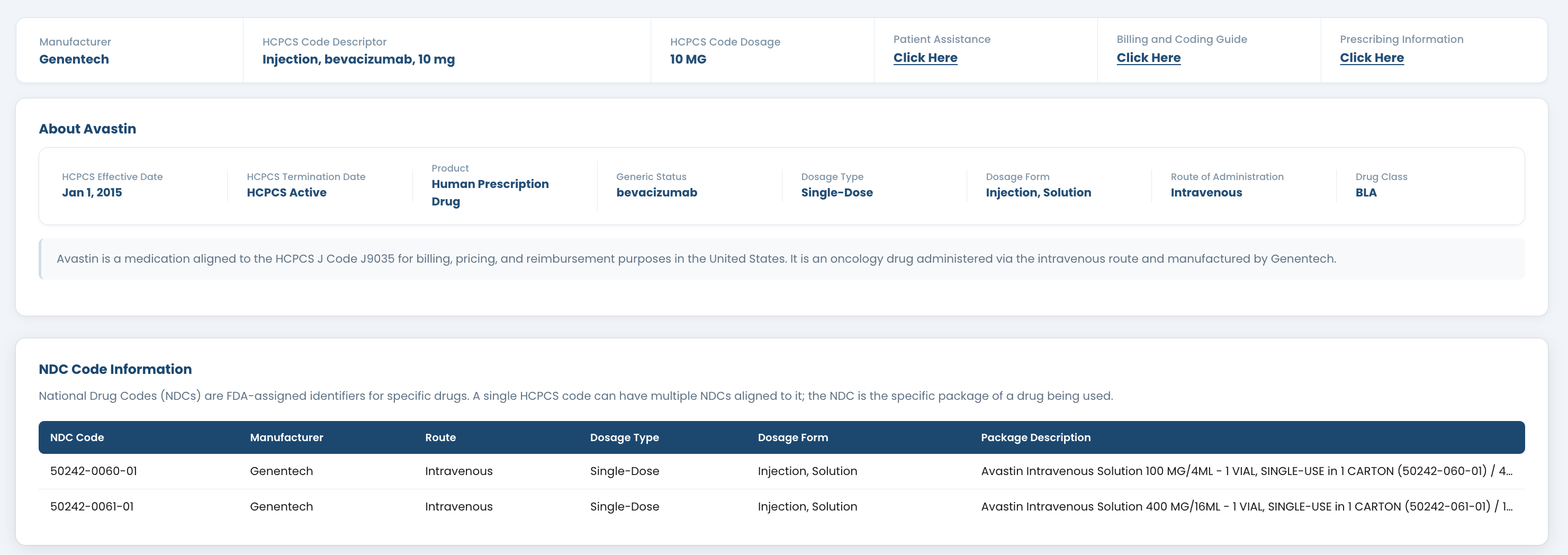 Drug information page with HCPCS code details, manufacturer data, and reimbursement references